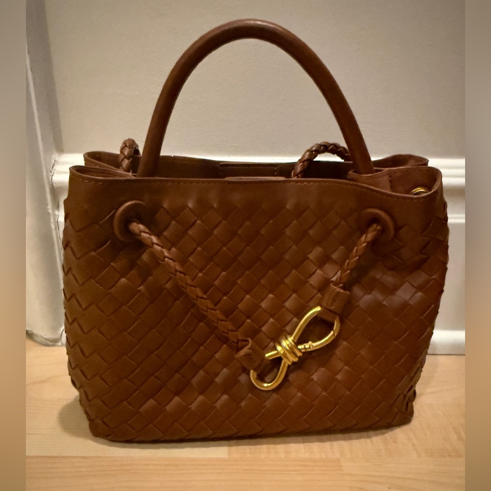 Woven Leather Tote Bag with Gold Hardware - Brown
